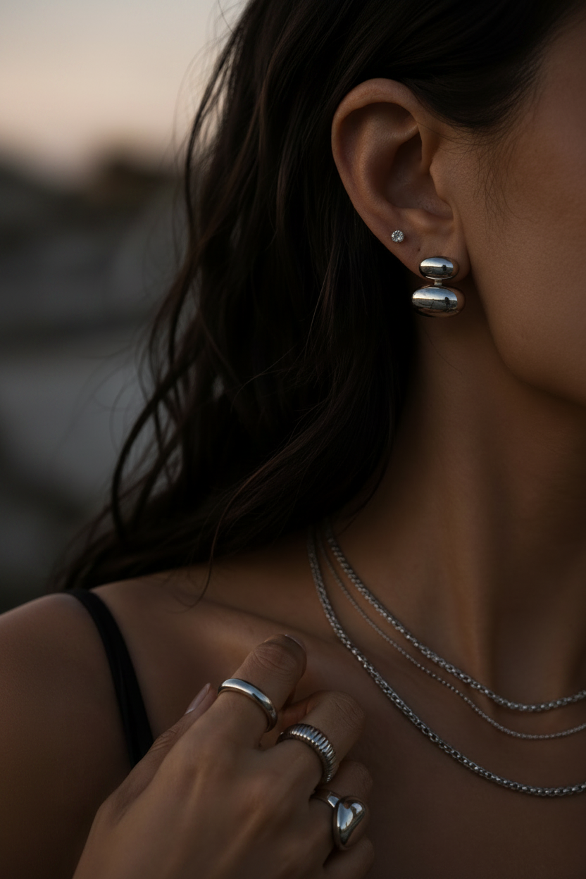 A close-up lifestyle shot of a woman wearing polished silver stacked disc earrings, layered silver necklaces, and silver rings, with her hand near her collarbone against a warm, blurred background.