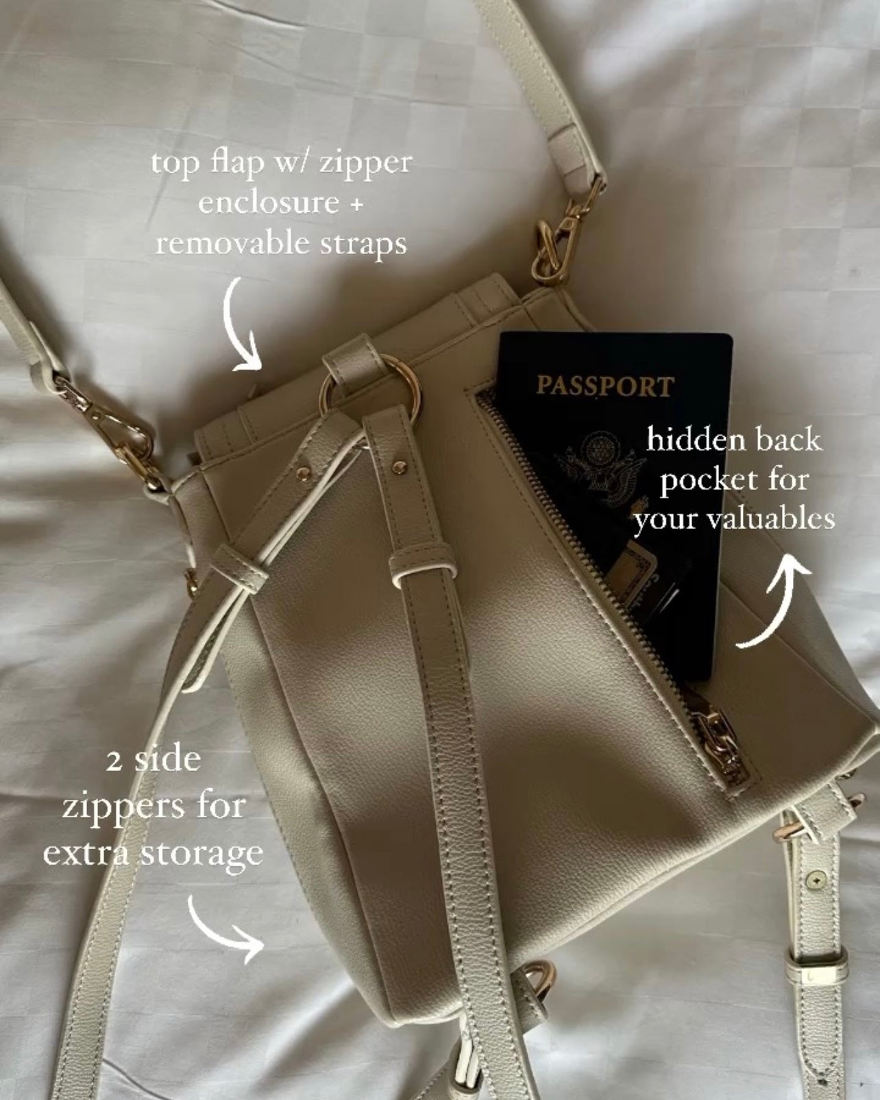 Close up of taupe gray colored small backpack fitting a passport in exterior back pocket