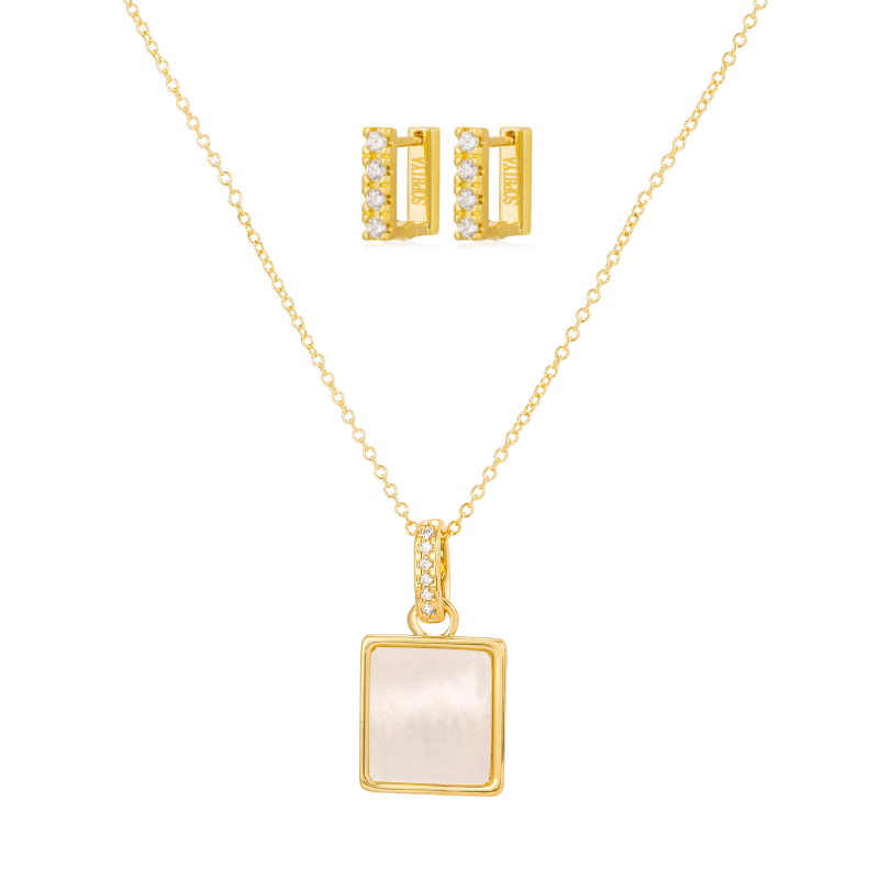 Gorgeous jewelry set - 18k gold plated necklace and earrings with cz stones and mother of pearl highlights summer styles