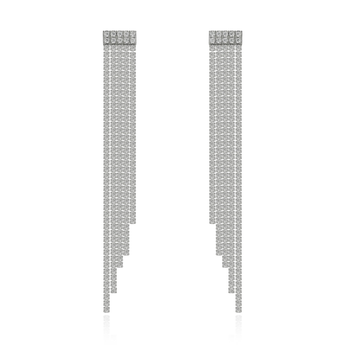 With a straight ridged top, these paloma cz dangle earrings differ from Sophiya’s Lyra cz diamond-like earrings with only the bottom tassels descending outward. The five tassels per earring flow and sparkle with movement. Timeless rhodium plated sterling silver jewelry promises tarnish and water resistant years to come.