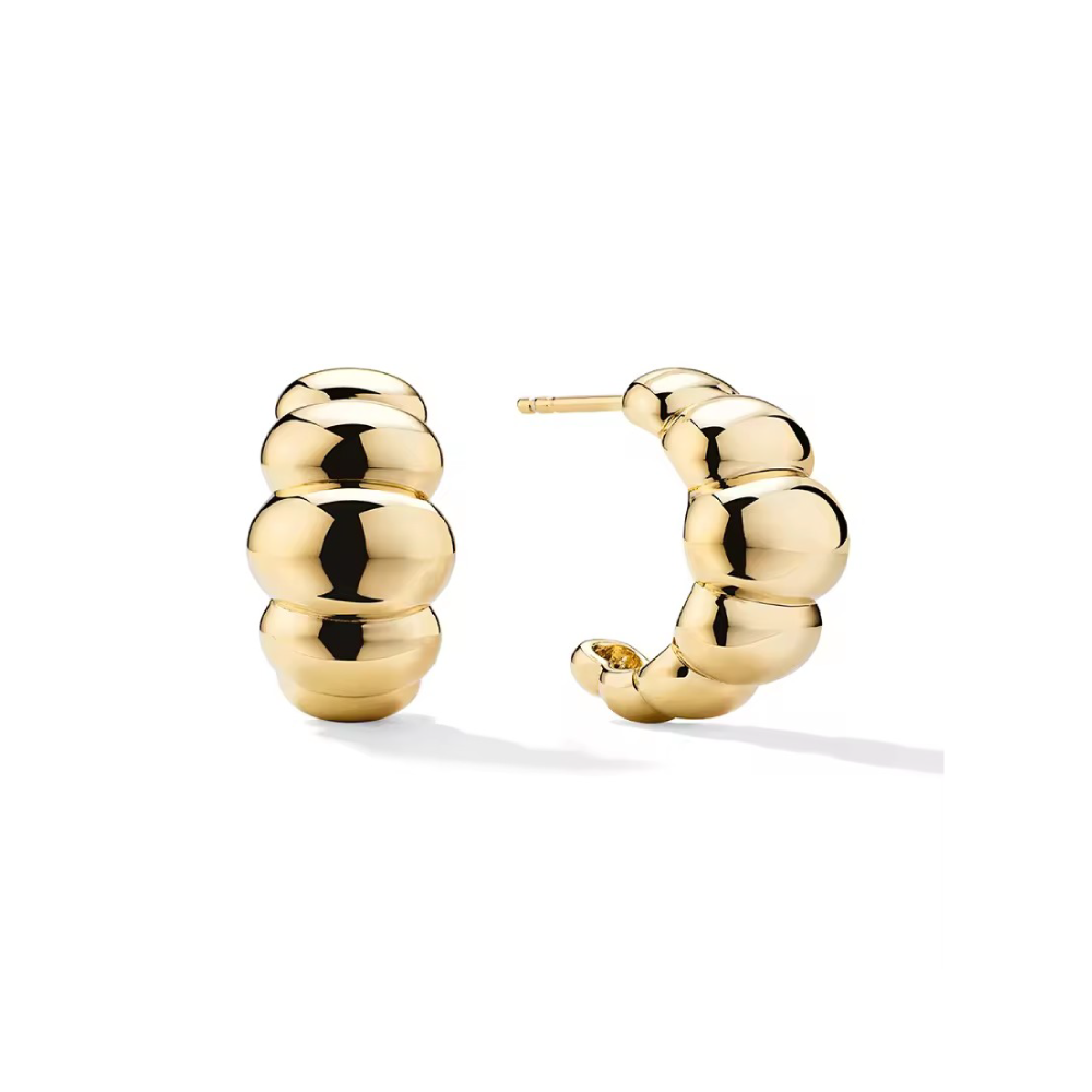 Product shot with studio lights and white background - Baguette styled earrings add texture and roundness to these 18k gold plated earrings