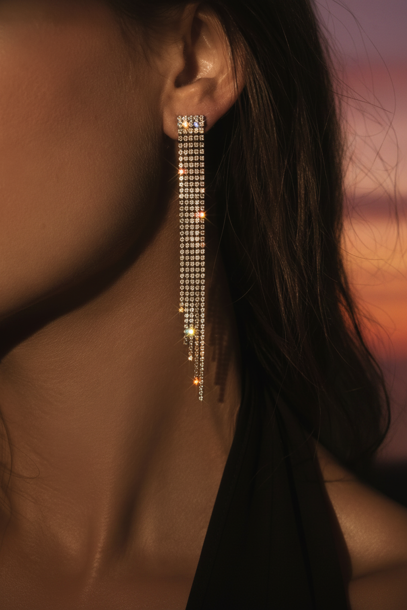 A close-up of a model's ear wearing a long, dangling rhinestone earring against a dark background.