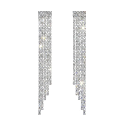 With a straight ridged top, these Pyra cz dangle earrings differ from Sophiya, Paloma cz diamond-like earrings with only the bottom tassels descending outward. The five tassels per earring flow and sparkle with movement. Timeless rhodium plated sterling silver jewelry promises tarnish and water resistant years to come.