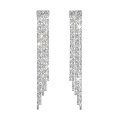 With a straight ridged top, these Pyra cz dangle earrings differ from Sophiya, Paloma cz diamond-like earrings with only the bottom tassels descending outward. The five tassels per earring flow and sparkle with movement. Timeless rhodium plated sterling silver jewelry promises tarnish and water resistant years to come.