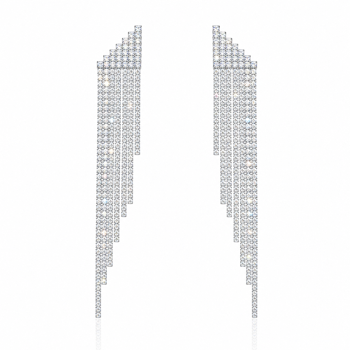 A pair of long, geometric statement earrings made of clear rhinestones arranged in a stepped, triangular pattern, shown on a plain white background.