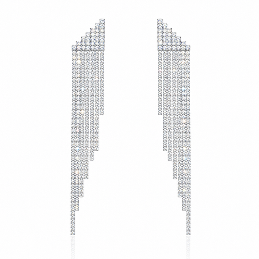 A pair of long, geometric statement earrings made of clear rhinestones arranged in a stepped, triangular pattern, shown on a plain white background.