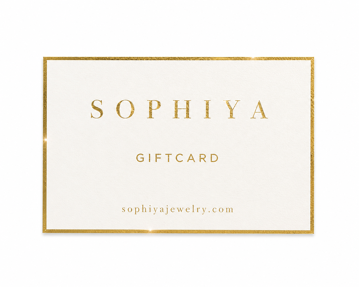 Sophiya gift card with elegant gold foil lettering and border on a clean white background.