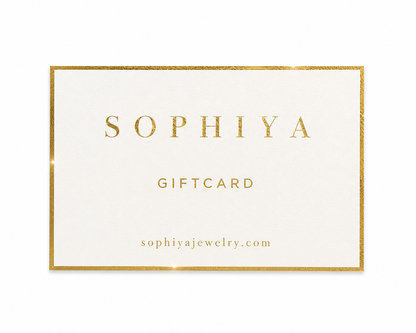 Sophiya gift card with elegant gold foil lettering and border on a clean white background.