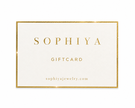 Sophiya gift card with elegant gold foil lettering and border on a clean white background.