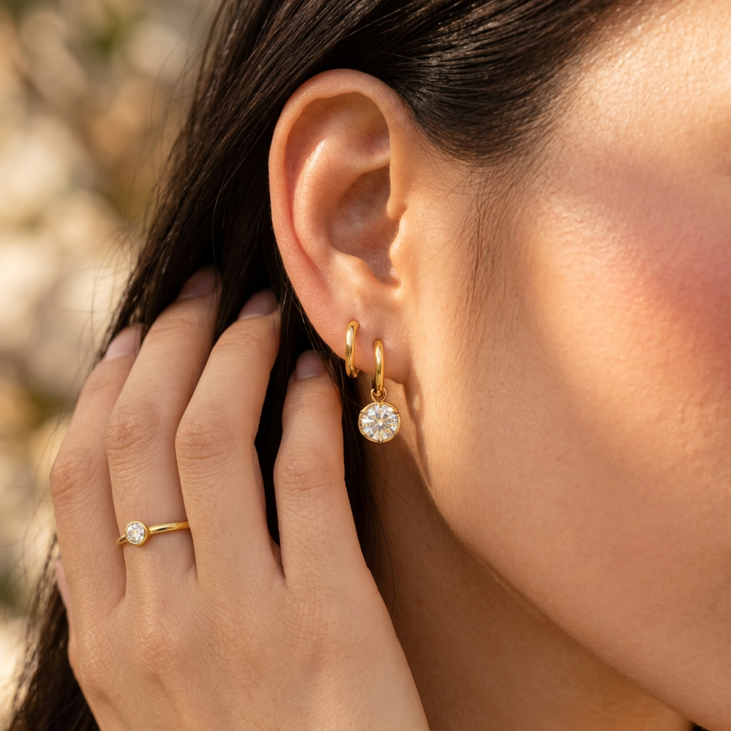 A close-up lifestyle shot of a model wearing a delicate gold huggie hoop earring with a round clear gemstone dangle, along with a matching gold ring on her finger.
