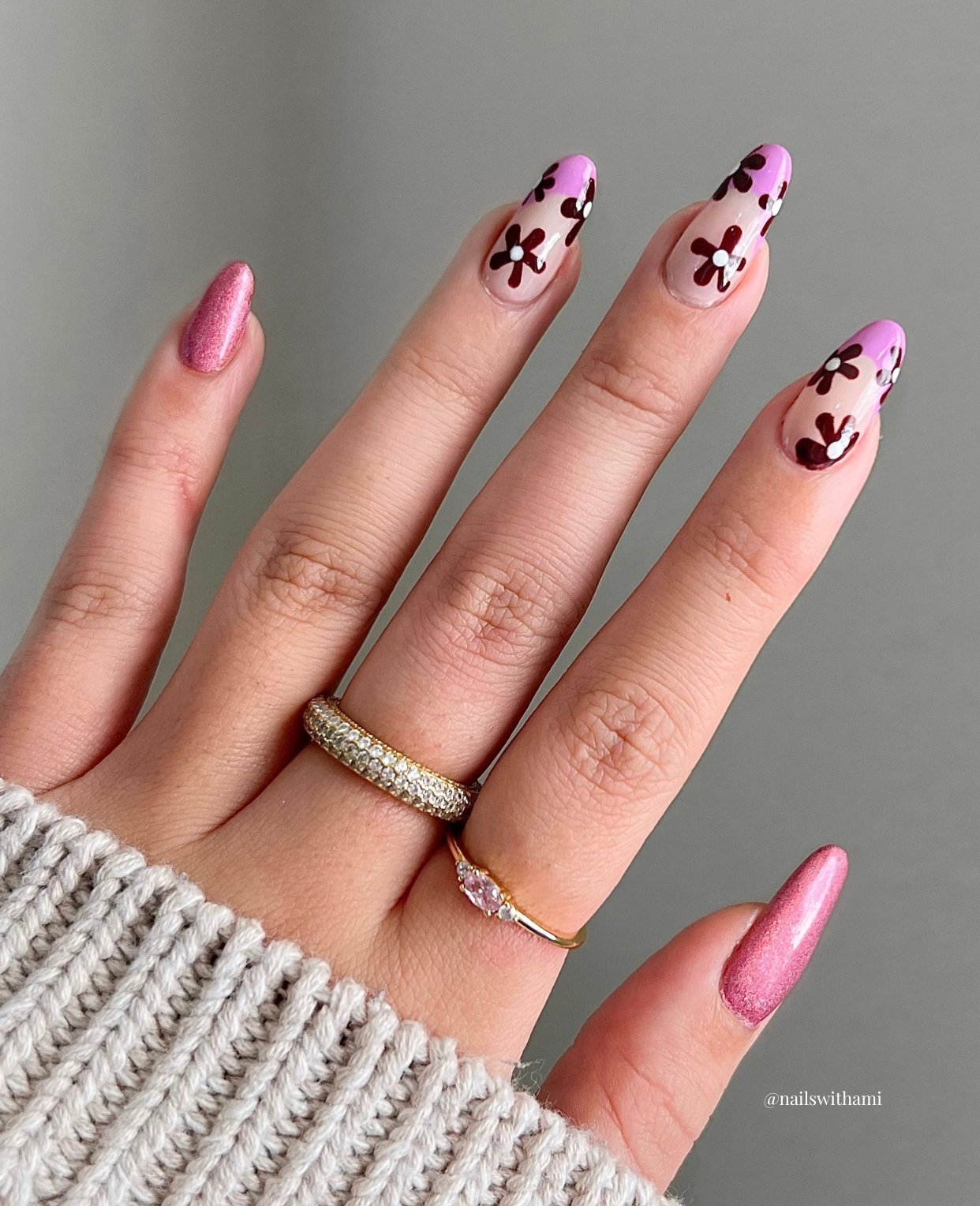 Models pink floral nails match  pink gemstones ring by @nailswithami