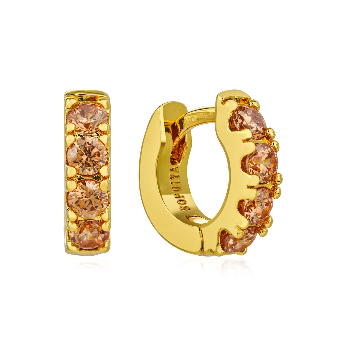 carrie huggies 18k gold plated brass earrings rhodolite cz