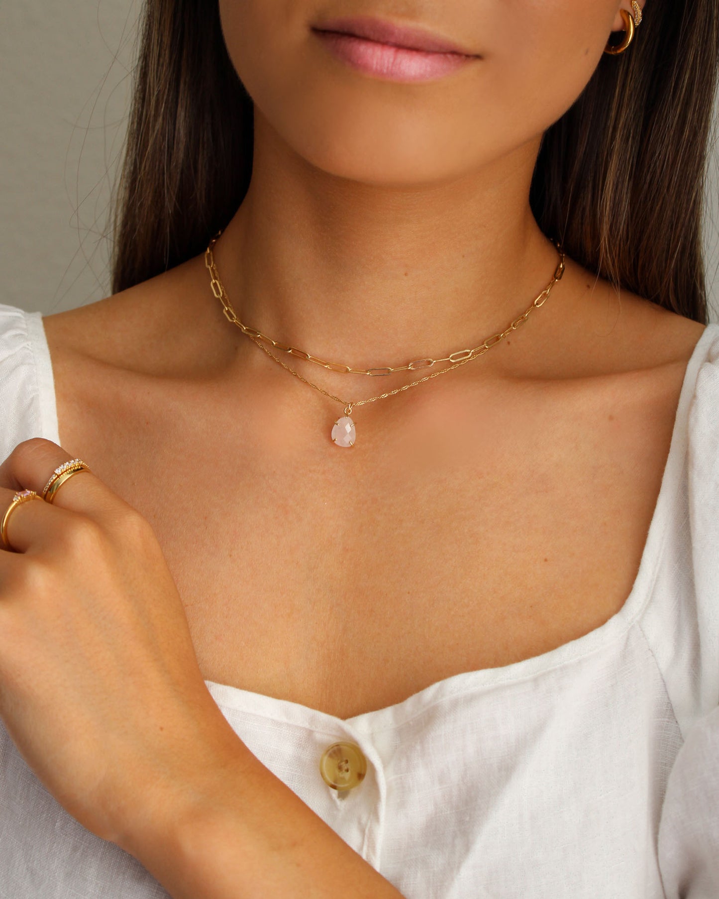gold filled link chain rose quartz stone necklace layering womens trendy jewelry
