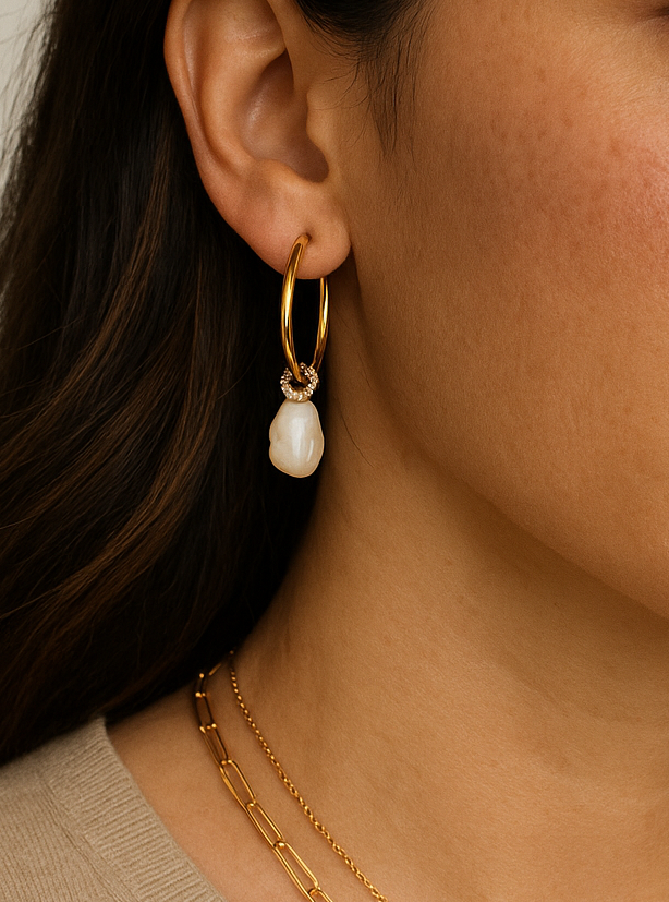 baroque pearl with cz diamond jump ring on 18k gold plated hoop modeled