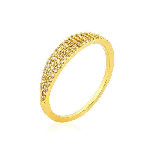 Detailed shot highlighting over 60 diamond-like gemstones. This mara ring is 18k gold plated meaning a rich yellow gold tone. 