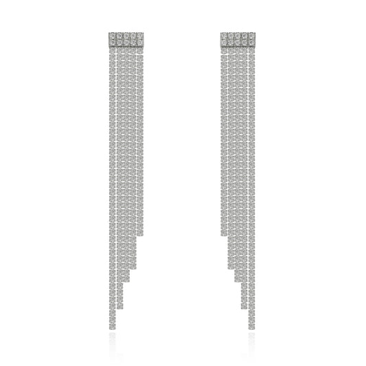 With a straight ridged top, these paloma cz dangle earrings differ from Sophiya’s Lyra cz diamond-like earrings with only the bottom tassels descending outward. The five tassels per earring flow and sparkle with movement. Timeless rhodium plated sterling silver jewelry promises tarnish and water resistant years to come. 